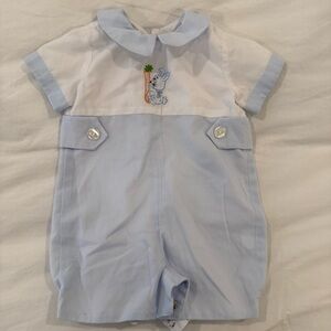 Charming Blue and White Romper with Easter Bunny Embroidery